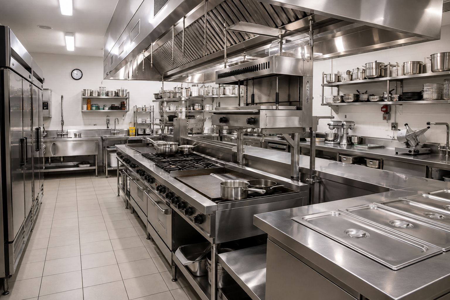 Commercial kitchen layout with professional equipment